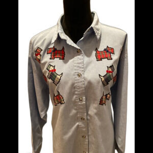 Mystic Blues Blouse Sz 20W 2XL Scottish Terrier Dog Blue‎ Button Down Top Unique